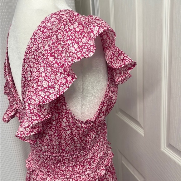 Pink Floral Ruffle Mini Dress V Neck V Back Pockets Smocked Bodice Size L Tall - Picture 10 of 16